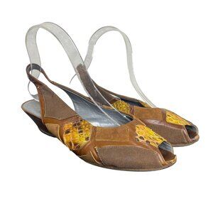 Vintage 80s Brown Patchwork Leather & Snakeskin Peep Toe Heels, Size 37.5
